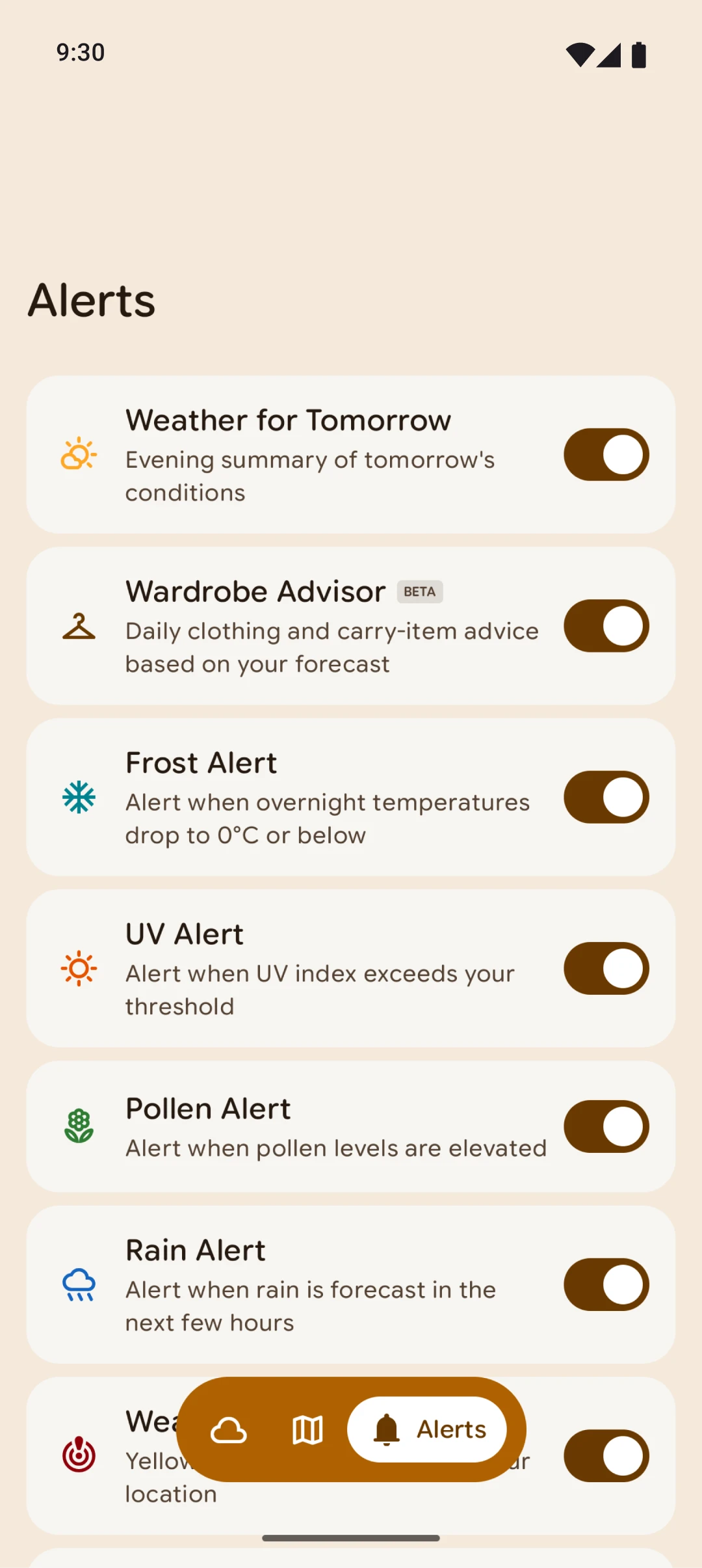 Gradient Weather alerts screen