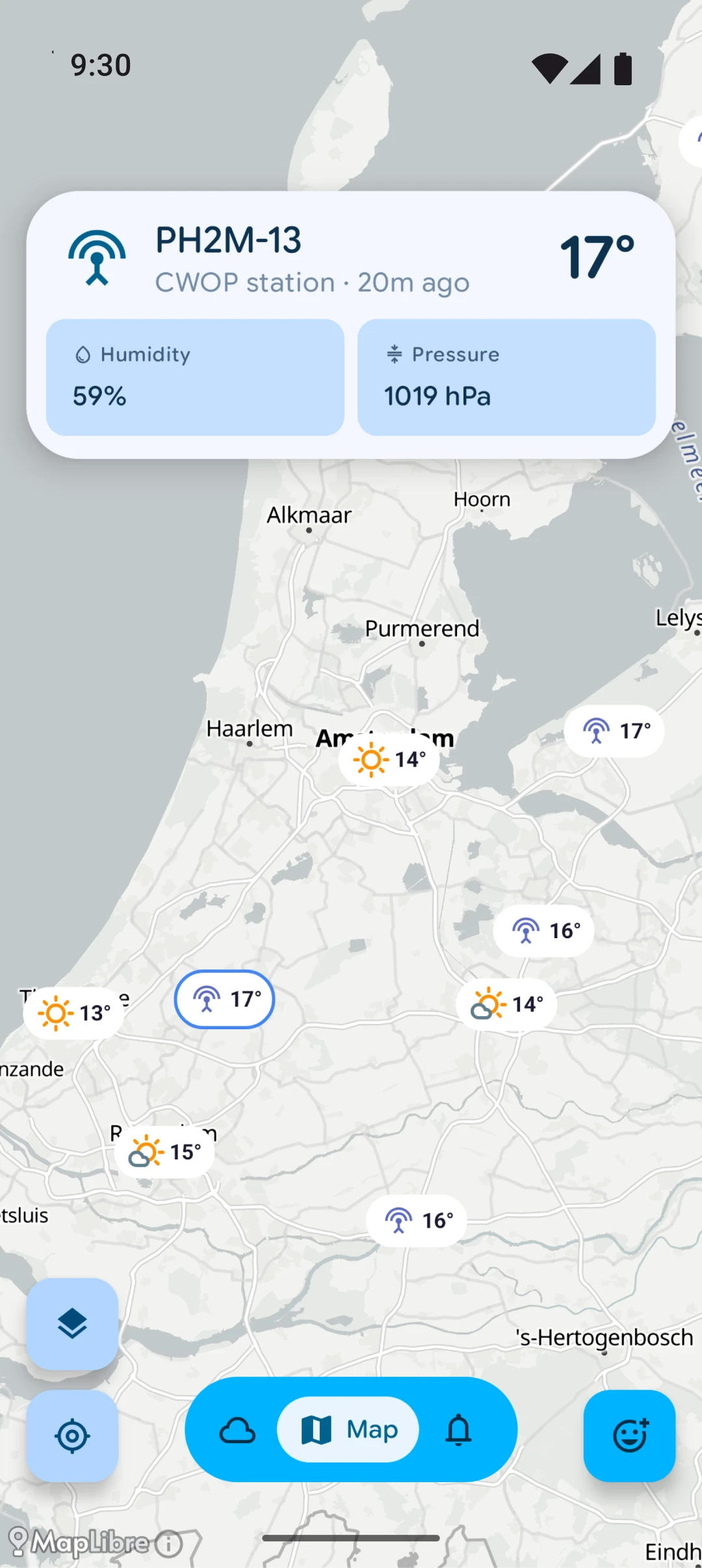 Personal weather stations on map